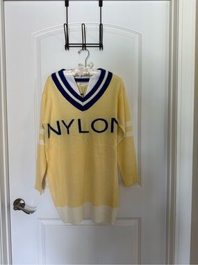 NYLON Yellow V-Neck Oversized Sweater with Navy Trim